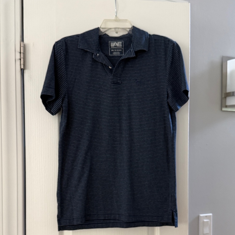American Eagle Outfitters Navy and Light Blue Striped Polo